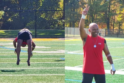 a still of QNET ID Anup Debnath's successful Guinness World Record attempt at 21 back handsprings and then posing for the camera with Amezcua wellness product, Chi Pendant 4, around his neck afterwards